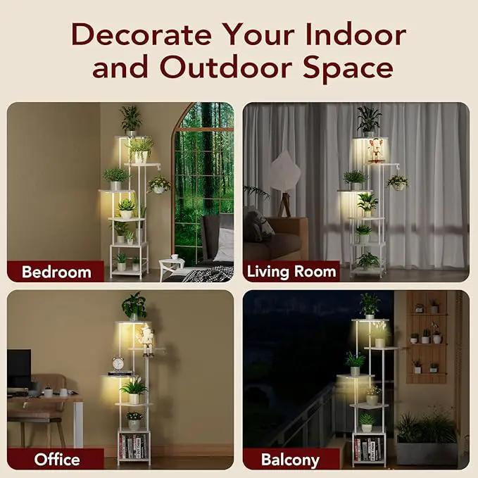 Plant Stand Indoor with Grow Light, 6-Tiered Tall Plant Stand Indoor, Metal Plant Shelf with Hanging Basket Hook and Adjustable Light, Ideal for Living Room, Garden, Patio white by GreenHaven Gardens