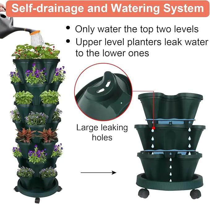 Vertical Planter 7 Tier Stackable Planters Garden Planters Strawberry Herb Flower and Vegetable Planter Indoor Outdoor Gardening Pots with Removable Wheels and Tools by GreenHaven Gardens