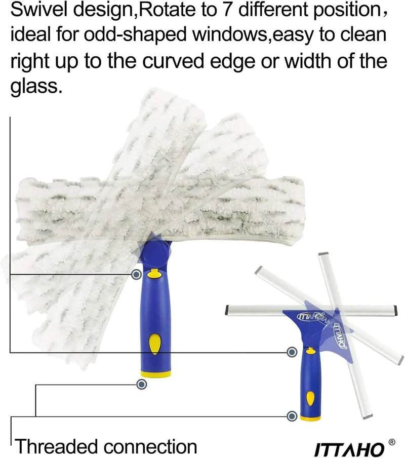 ITTAHO Window Washing Kit with Extension Pole, 10" Squeegee & 11" Microfiber Scrubber Combi with Stainless Steel Pole, Window Cleaner for Car, Sliding Door,Shower Glass Door-Swivel Style-2 Pads by GreenHaven Gardens