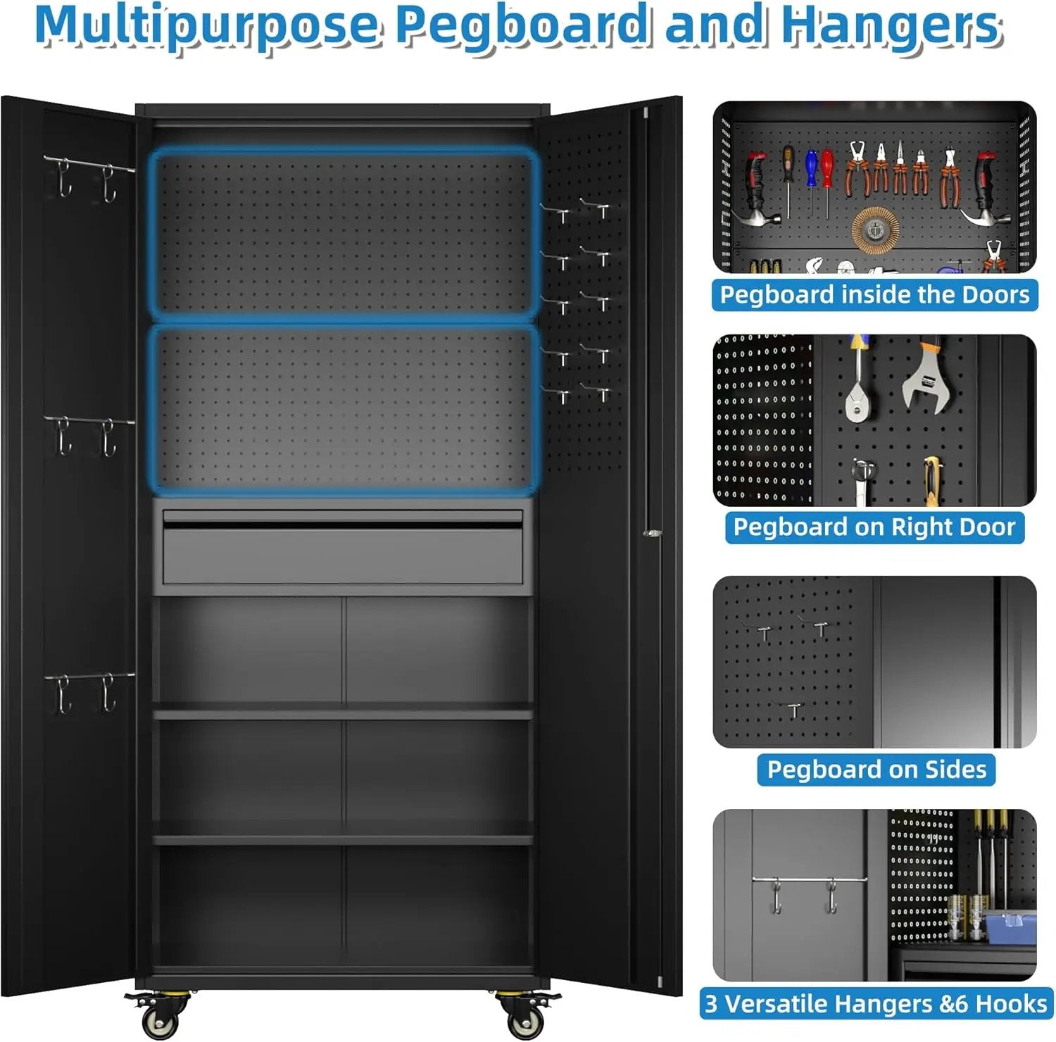 71" H Metal Garage Storage Cabinet with Locking Doors and 2 Adjustable Shelves, Rolling Tool Storage Cabinet with Wheels, Drawer, Pegboard and 16 Hooks for Garage, Warehouse, Black by GreenHaven Gardens