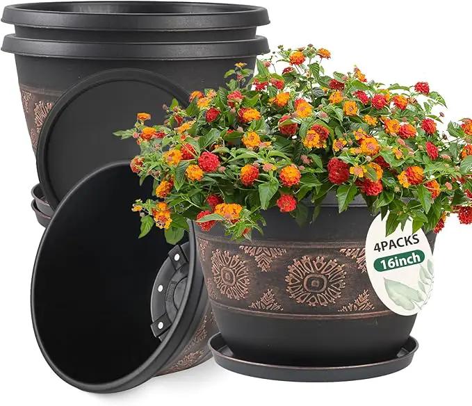 4 Pack 16 inch Plant Pots, Retro Pattern Planters with Drainage Holes and Saucer, Sturdy Plastic Garden Flower Pots for Indoor & Outdoor Plants by GreenHaven Gardens