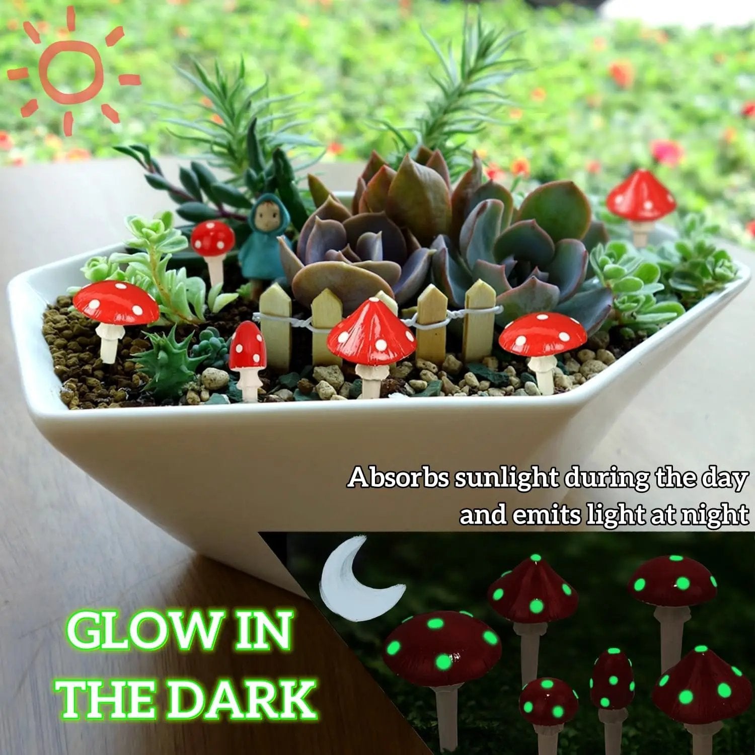 Juegoal Set of 6 Fairy Garden Miniature Mushrooms Statues, Glow in Dark Mini Red Mushroom Resin Figurines, Outdoor Garden Yard Art Accessories, Fly Agarics Sculpture Lawn Ornament Decorations by GreenHaven Gardens