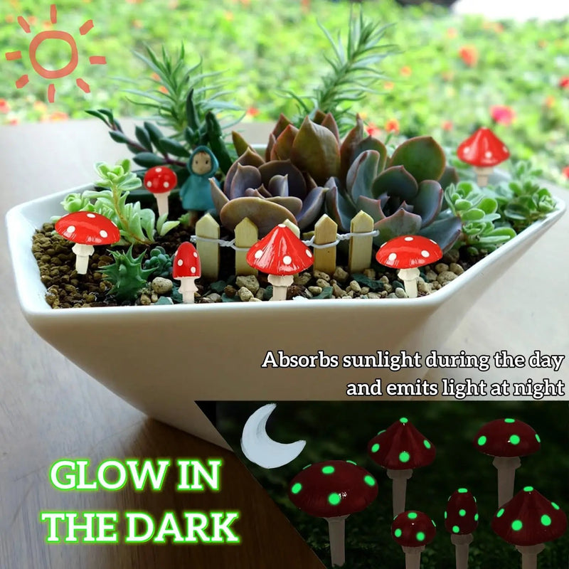 Juegoal Set of 6 Fairy Garden Miniature Mushrooms Statues, Glow in Dark Mini Red Mushroom Resin Figurines, Outdoor Garden Yard Art Accessories, Fly Agarics Sculpture Lawn Ornament Decorations by GreenHaven Gardens
