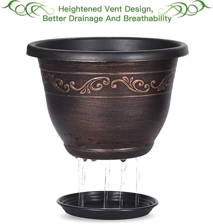 Plastic-Plant-Flower-Planters-8 Inch with Drainage Hole & Saucer, 6 Packs Lightweight Small Resin Flower Pot Indoor Outdoor, Retro Antique Imitation Decorative Garden Containers Sets for Houseplants by GreenHaven Gardens