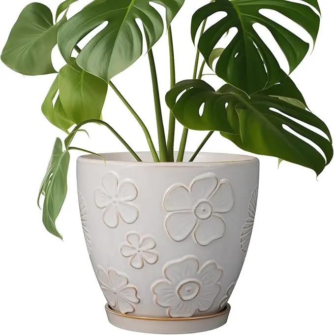 Ceramic Planter 8 Inch Plant Pot with Drainage Hole and Saucer Ceramic Pots for Indoor Plants Outdoor Large Flower Pot for Home Decor White
