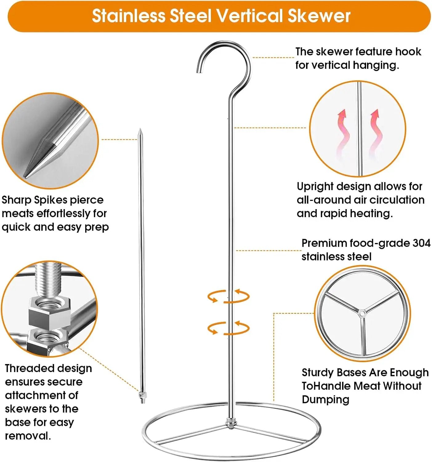 Fengzhe Stainless Removable Vertical Skewer Grill - Brazilian Barbecue Meat Spit Rack, with 1 Hook, 1 Spike, & 2 Brushes, Perfect for Grilling Steak, Whole Chickens, Whole Fish, Large Cuts of Meat. by GreenHaven Gardens