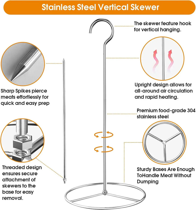 Fengzhe Stainless Removable Vertical Skewer Grill - Brazilian Barbecue Meat Spit Rack, with 1 Hook, 1 Spike, & 2 Brushes, Perfect for Grilling Steak, Whole Chickens, Whole Fish, Large Cuts of Meat. by GreenHaven Gardens