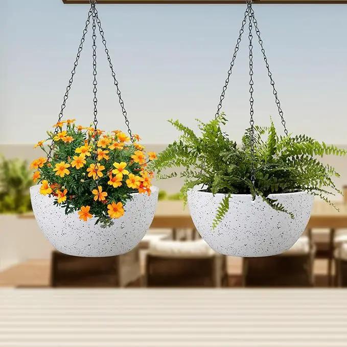 12 inch Large Hanging Planters for Indoor Outdoor Plants, 2 Pack Hanging Flower Pots with Drainage Holes and Chain for Garden Porch, Plastic Hanging Baskets for House Plants, Speckled White by GreenHaven Gardens