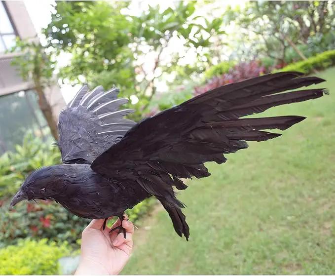 2-Pack Realistic Crows Lifesize Extra Large Handmade Black Feathered Crow for Halloween Decorations Birds, XL (15 inch+15 inch) by GreenHaven Gardens