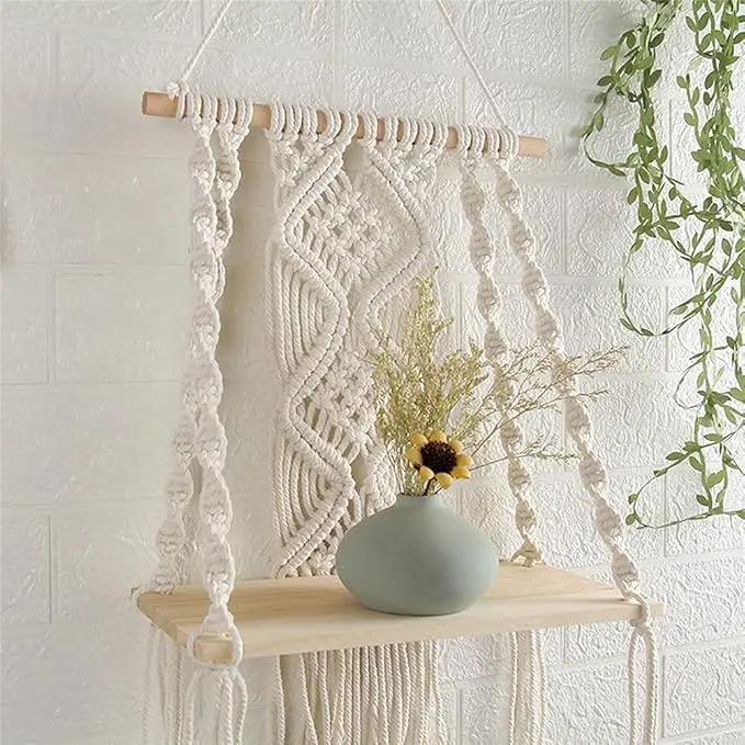 Macrame Wall Hanging Plant Decor Shelf Indoor Outdoor Floating Wood shelve Decorative Hand Made Rope Boho Shelving for Plants by GreenHaven Gardens