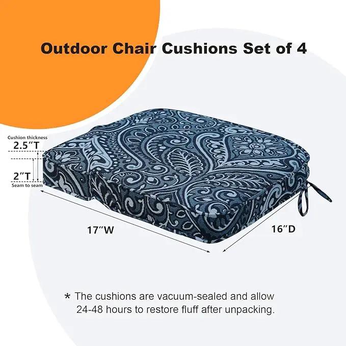 Round Corner Seat Cushions, 17" x 16" x 2", Set of 4, Indoor Outdoor Water Repellent Universal Chair Pads with Ties for Patio Furniture, Garden Deck Dining Chairs, Damask Blue Flower by GreenHaven Gardens
