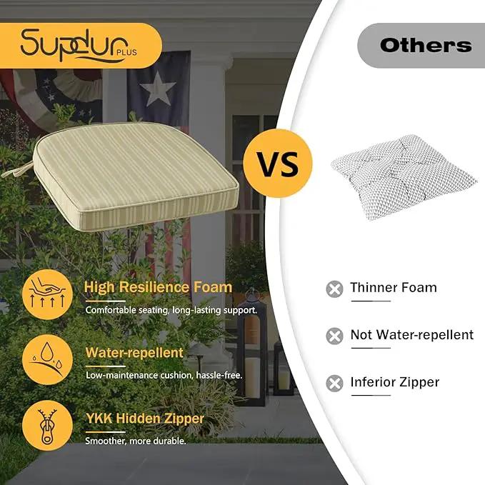 Outdoor Round Corner Seat Cushion, 17"x16"x2", Set of 4, Non Slip Seat Cushion Pads with Removable Cover for Patio Furniture, Garden Yard Lawn, Beige Brown Stripe by GreenHaven Gardens