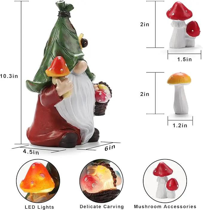 Mushroom-Picking Gnome Solar Garden Statue with 3 LED Lights, Set with 1 Gnome and 2 Small Mushroom, Lovely Garden Gnome Set for Patio, Yard, Lawn Ornament, Outdoor Decor by GreenHaven Gardens