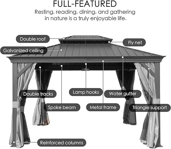 Kozyard Alexander 12' X 16' Hardtop Permanent Aluminum Metal Gazebo with Galvanized Steel Double Roof Canopy, Curtain and Netting Pavilion for Patio, Backyard, Deck, Lawn (Gray) by GreenHaven Gardens