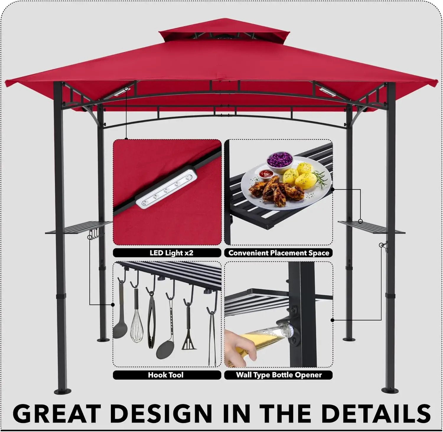 MASTERCANOPY 8 x 5 Grill Gazebo Outdoor BBQ Gazebo Canopy with 2 LED Lights (Burgundy) by GreenHaven Gardens