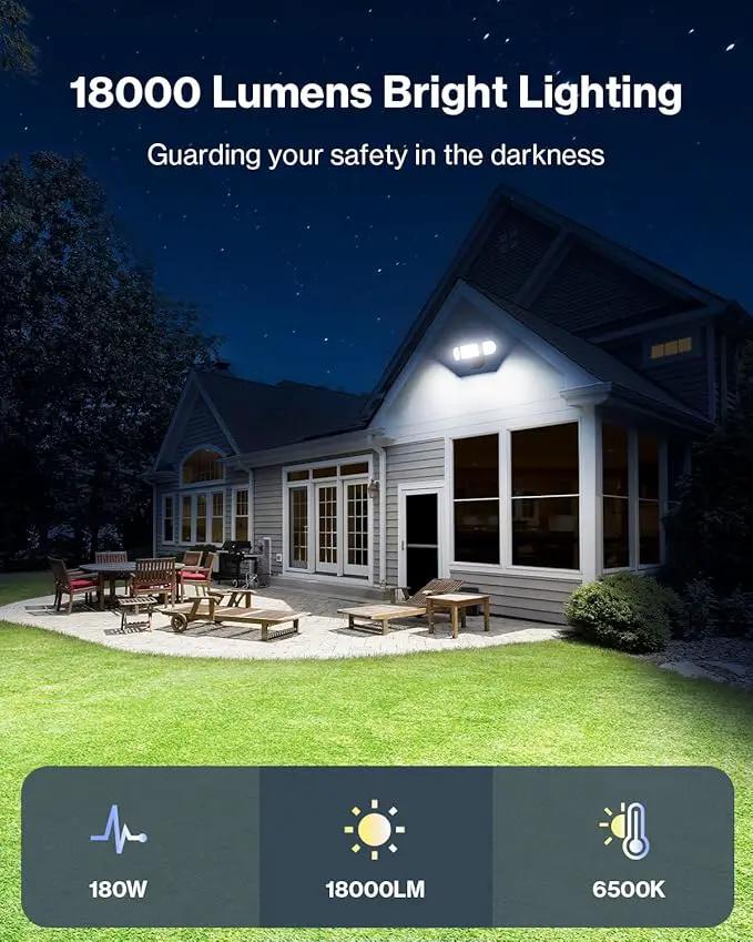 Olafus 180W Motion Sensor Outdoor Lights, 18000lm Dusk to Dawn LED Flood Lights Outdoor Wired, 6500K Daylight Motion Lights for Outside, IP65 Waterproof Exterior Security Light, Black by GreenHaven Gardens