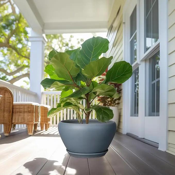 Ceramic Planter - 13 Inch Planter for Indoor Plants Large Plant Pot with Drainage Hole and Saucer Round Outdoor Planter Modern Flower Pot for Home Decor Gray by GreenHaven Gardens