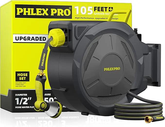 Retractable Garden Hose Reel 105FT, 1/2 inch Wall Mounted Hose Reel with Full Brass Fittings, 10 Patterns Spray Nozzle, Any Length Lock, 180° Automatic Rewind by GreenHaven Gardens