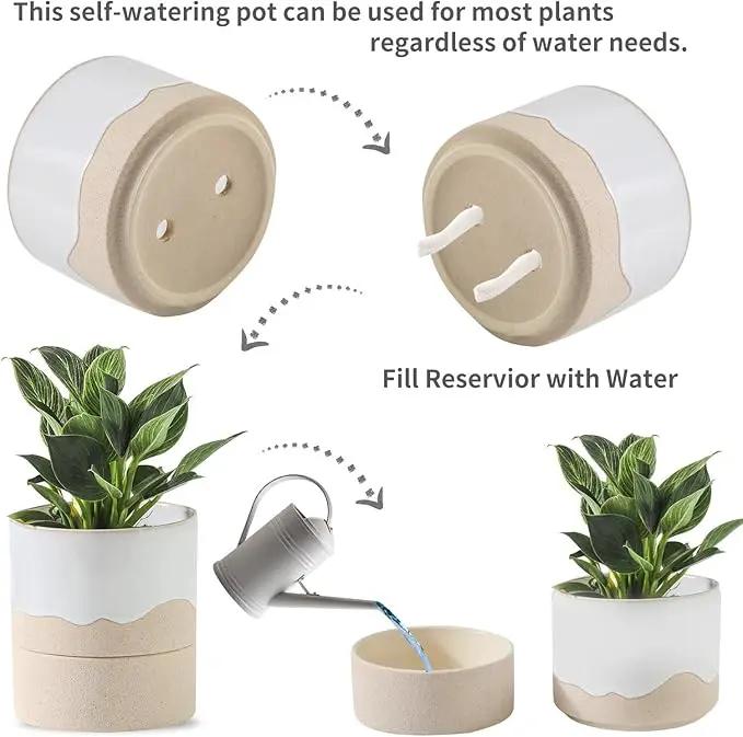Nihow Self Watering Plant Pot: 4.5 Inch Ceramic Planter with Drainage Hole & Water Storage Plus for Indoor & Outdoor Plants - Cylinder Flower Pot for Herbs/Violets - White & Nature by GreenHaven Gardens
