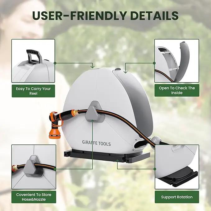 Giraffe Tools Ground Mounted Retractable Hose Reel 1/2 Inch x 82FT, Heavy Duty Automatic Rewind Garden Hose Reel, with Flexible Swivel Base for Lawn, Concrete Floor by GreenHaven Gardens