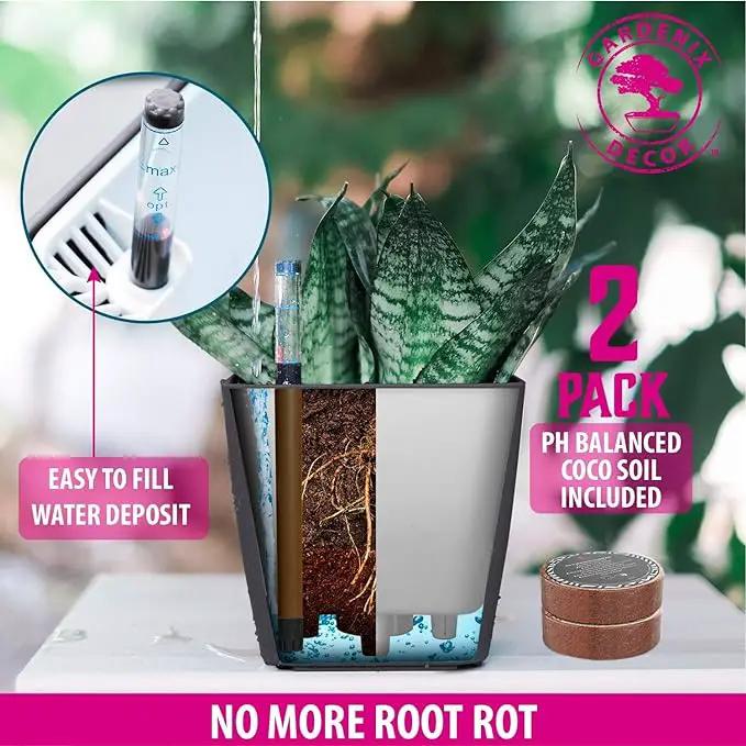 GARDENIX DECOR 5" Self Watering pots for Indoor Plants - Flower Pot with Water Level Indicator for Plants, Grow Tracking Tool - Self Watering Planter Plant Pot – 2 Pack Gray by GreenHaven Gardens