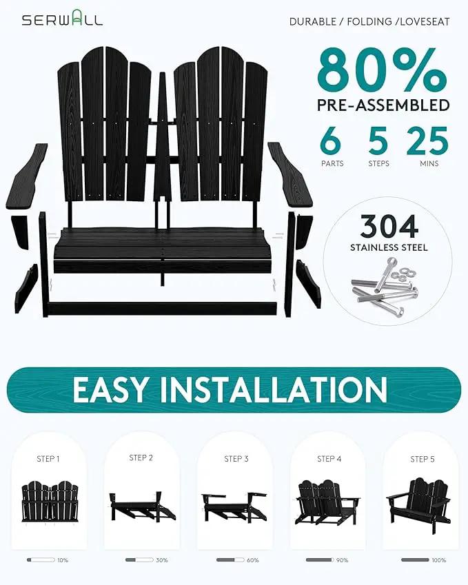 SERWALL 2 Person Adirondack Loveseat, HDPE All-Weather Folding Adirondack Bench Chair, Outdoor Adirondack Chair Set of 4, Black by GreenHaven Gardens
