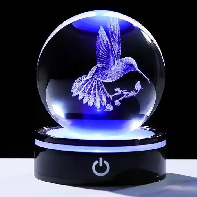 YWHL 3D Crystal Ball Hummingbird Figurine with LED Base, Hummingbird Gifts for Women Men Hummingbird Lovers on Christmas Birthday, Hummingbird Ornament Glass Decorative Ball for Home Decor (80mm) by GreenHaven Gardens