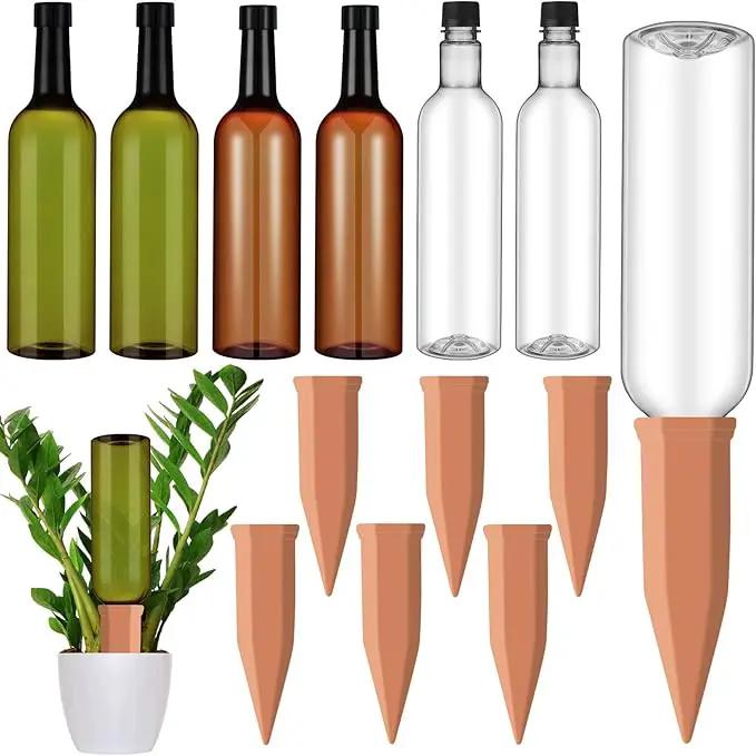 6 Sets Plant Watering Devices Include Terracotta Self Watering Spikes and 26 oz Plastic Bottles, Slow Release Vacation Insert Automatic Plant Waterer Device (Green Clear Brown and Terracotta) by GreenHaven Gardens