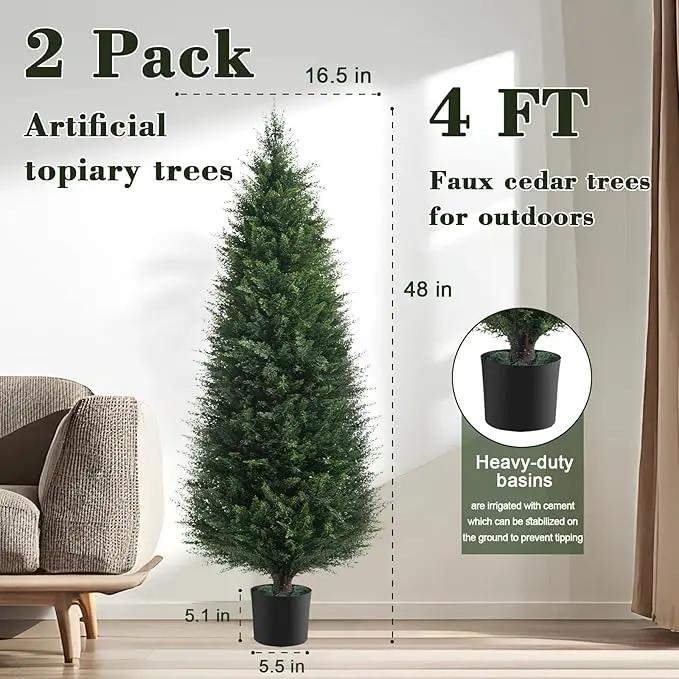Two 4ft Artificial Plants Topairy Faux Cedar Trees for Outdoor Planters, 48IN Tall Fake Pine Bushes UV Resistant Large Potted Shrubs for Front Porch Décor by GreenHaven Gardens