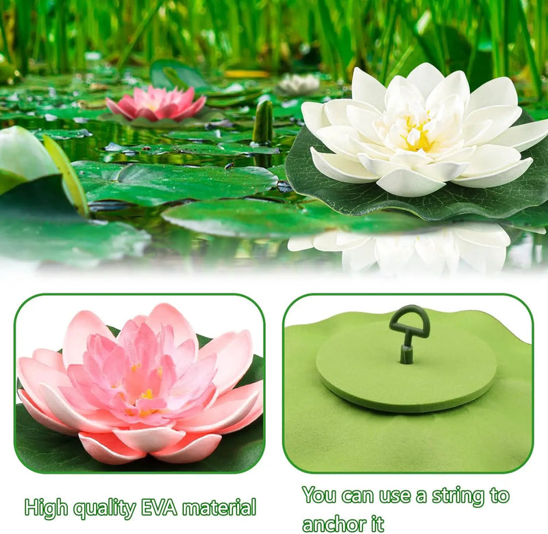10PCS 3 Sizes Artificial Foam Lotus Floating Flowers with Water Lily Pad Ornaments for Home Garden Pond Decor Pools Water Decorations, Pink and White by GreenHaven Gardens