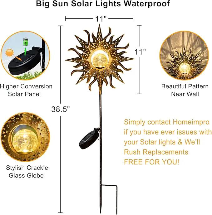 HOMEIMPRO Large Sun Solar Garden Decor Lights Outdoor Garden Gifts Mom Dad, Crackle Glass Metal Stake,Yard Decorations, Waterproof LED Lights for Lawn Patio Ornaments, Mothers Day Gifts for Women by GreenHaven Gardens