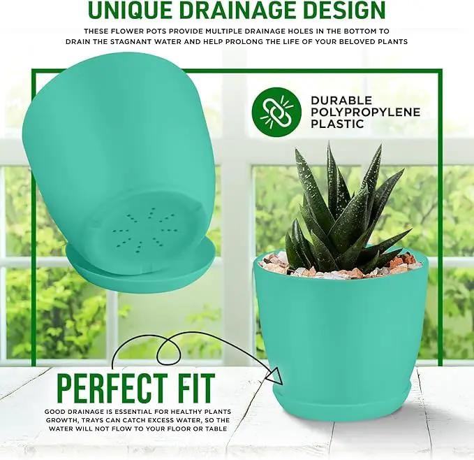 Planter Pots with Drainage Holes - Lightweight, Durable, and Space-Saving Pots for Indoor and Outdoor - Versatile Functionality, Simple Modern Design, Set of 5 Plastic Planter Pots - Aqua by GreenHaven Gardens