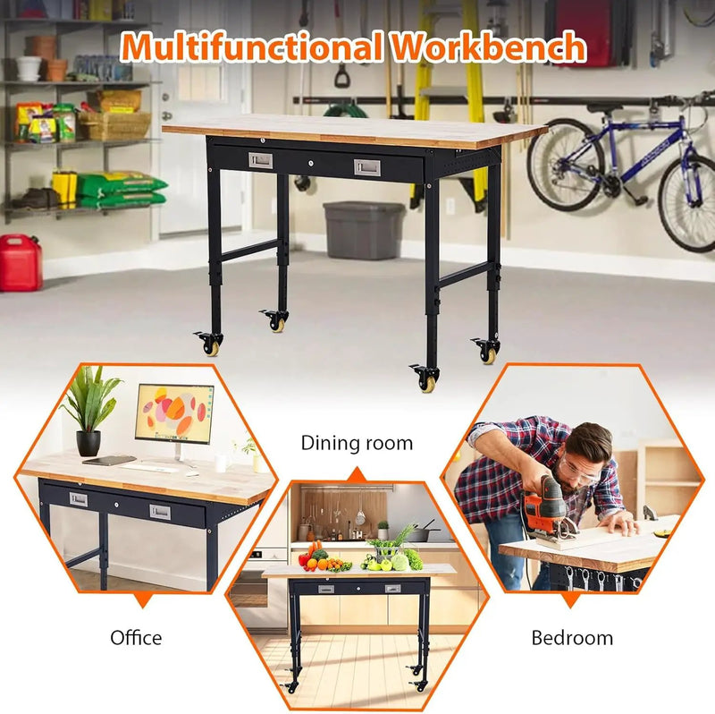 60'' Adjustable Workbench, Heavy Duty Workbench with Drawer, Power Outlet and Lockable Wheels, 2000 LBS Capacity, Work Table Suitable for Office, Garage, Workshop by GreenHaven Gardens