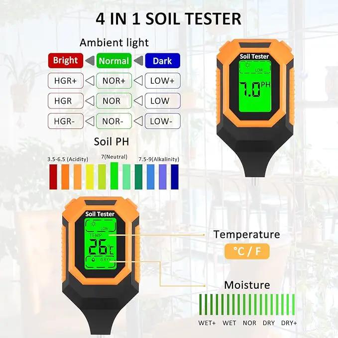 4-in-1 Soil Moisture Meter Digital PH Meter/Soil Moisture/Plant Temperature/Sunlight Intensity, Backlight LCD Display, Soil Test Meter for Garden, Lawn, Plant Care, Farm and Indoor Outdoor Plants by GreenHaven Gardens
