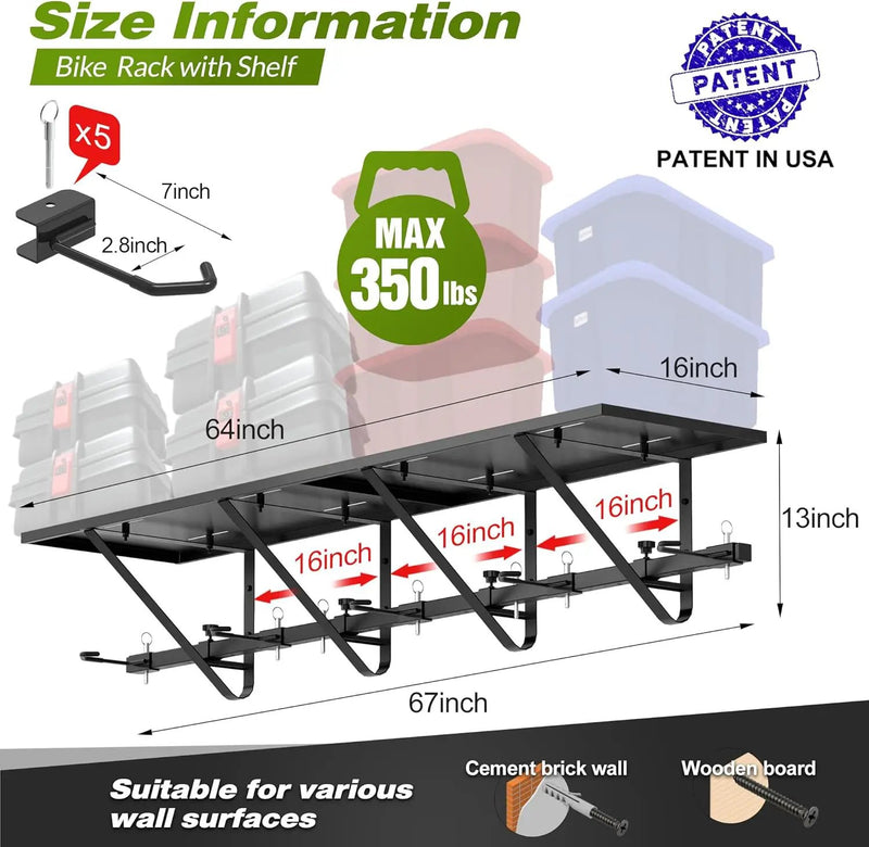 Bike Storage Rack with Shelf, Bike Wall Mount Garage Stand, Bike Hanger Storage Bicycles Hanger Hooks Bike Hooks for Garage Organizer by GreenHaven Gardens