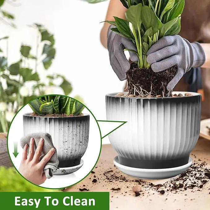 8 Inch Plant Pot, Ceramic Planter with Drainage and Saucer, Ceramic Pots for Plants, Indoor Plant pots,Ceramic Flower pots(Black + White, Plants NOT Included) by GreenHaven Gardens