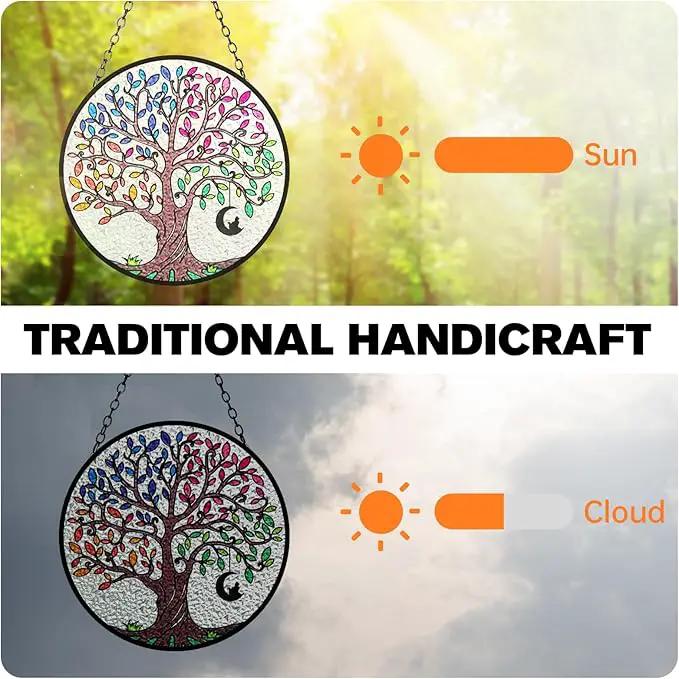 Artificial Trees of Life Suncatchers for Home Decorative Hanging Ornaments with Stick Hook for Window Hanging Hand-Painted Fake Plants Tree&Cat Memorial Gifts for Women 6.3'' * 6.3'' by GreenHaven Gardens