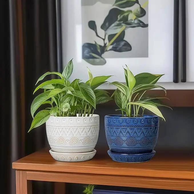 G EPGardening Pot for Plants 5 Inch - Ceramic Planter for Indoor Plants Outdoor, Succulent Pot with Drainage Hole and Saucer, Modern Home Garden Decor, Blue by GreenHaven Gardens
