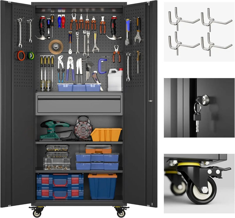 Aobabo Metal Storage Cabinet with Wheels and Adjustable Pegboard, Steel Rolling Tool Cabinet with 16 Hooks and 1 Interior Drawers for Garage, Home, Office, Kitchen, Black, Assembly Required by GreenHaven Gardens