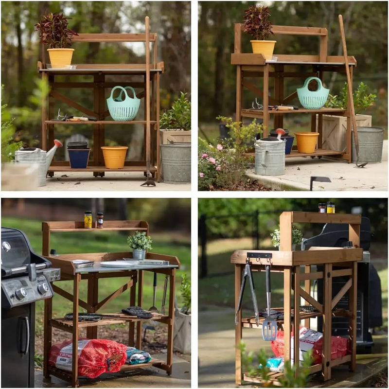 Folding Garden Potting Bench Table，Outdoor Wooden Work Station W/Metal Table Top,2 Tier Open Storage Rack,Top Shelf-Natural Stained by GreenHaven Gardens