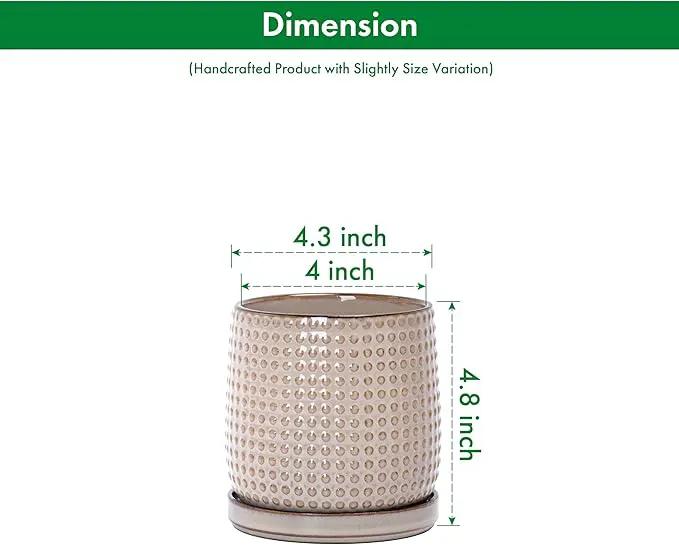 D'vine Dev Set of 2 Ceramic Plants Pots, 4 Inch Beaded Stoneware Flower Pot for Plants with Drainage Hole and Saucer, Light Brown, 27-E-Z-4 by GreenHaven Gardens