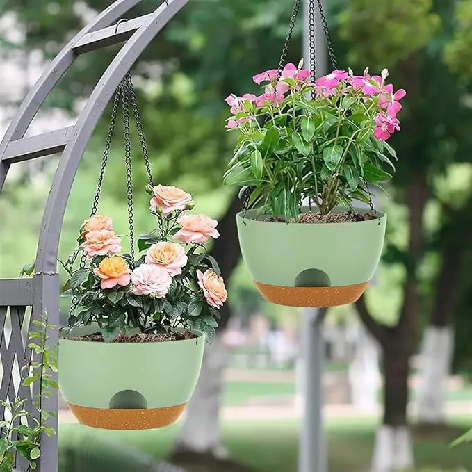 12 Inch Hanging Baskets 2 PC with Chains, Self-Watering Hanging Planters for Indoor Outdoor Plants, Plastic Hanging Flower Pots,Green Brown by GreenHaven Gardens