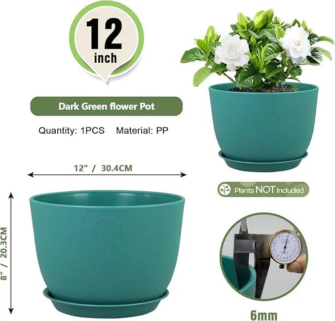 Plant Pots 12 inch, Plastic Planters with Drainage Holes and Saucers, Large Flower Pots for Indoor Outdoor Plants, Modern Decorative Pots for Garden House Plants, Blue Green by GreenHaven Gardens