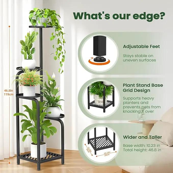 TOSKING 5 Tier Tall Plant Stand Indoor Outdoor, Heavy Duty Corner Shelf for Plants & Decor, Space Saving 3.9FT Metal Flower Pot Stand for Balcony, Garden, Living Room, Patio (Black, 47in) by GreenHaven Gardens