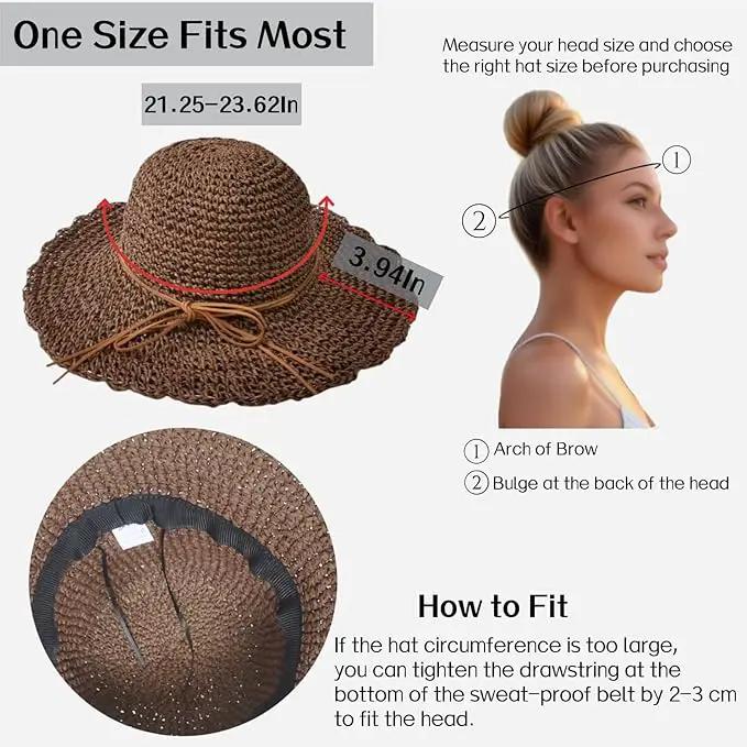 Womens Straw Beach Sun Hats, Foldable Packable Floppy Handmade Crochet Hats for Women,Large Summer Vacation Wide Brim Hat by GreenHaven Gardens