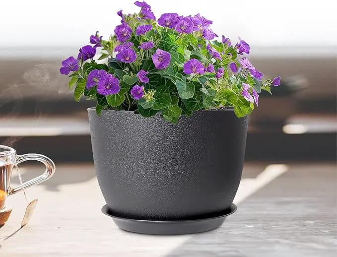 12 inch Large Plant Pots, Plastic Planters with Drainage Holes and Saucers, Flower Pots for Indoor Outdoor Plants, Modern Decorative Pots for Garden House Plants, Black by GreenHaven Gardens