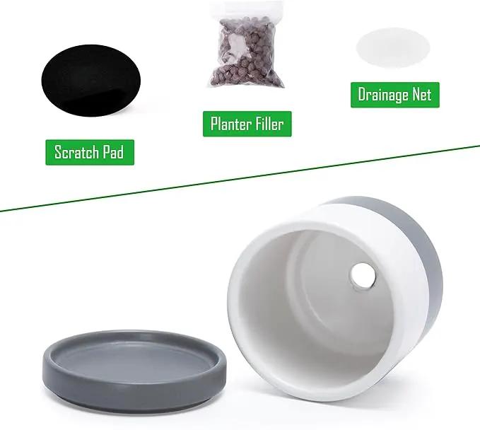 D'vine Dev 3.5 Inch & 4.7 Inch Ceramic Planter Pots for Plants with Drainage Hole and Saucer, X-Small Plant Pots Set, White/Speckled Grey, 94-G-XS-6 by GreenHaven Gardens