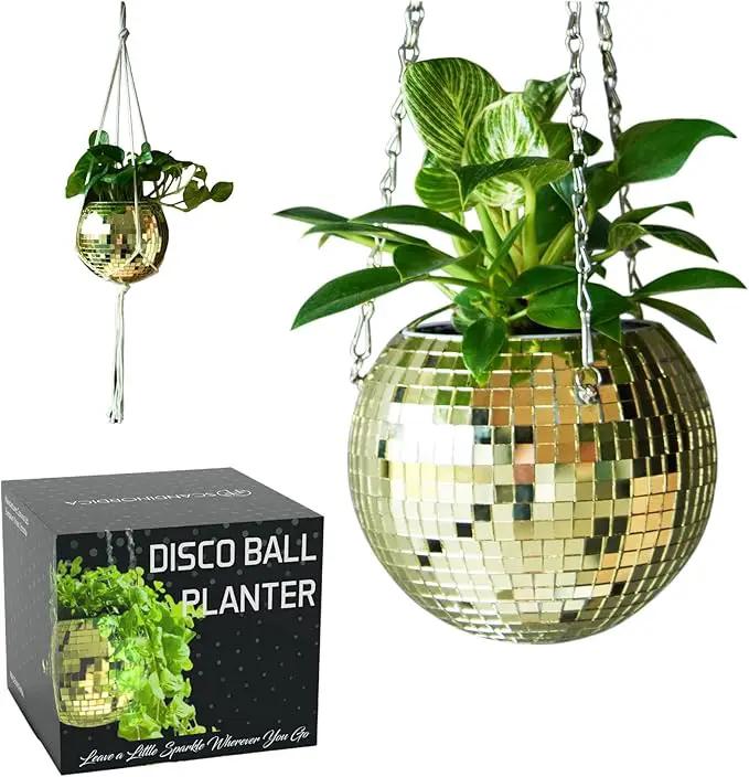 SCANDINORDICA Disco Ball Planter – Value Package: Mirror Disco Planter with Chain, Macrame Hanger and Acrylic Stand for Desk, Includes Self Watering Insert, Retro Decor | 6 inch Gold by GreenHaven Gardens
