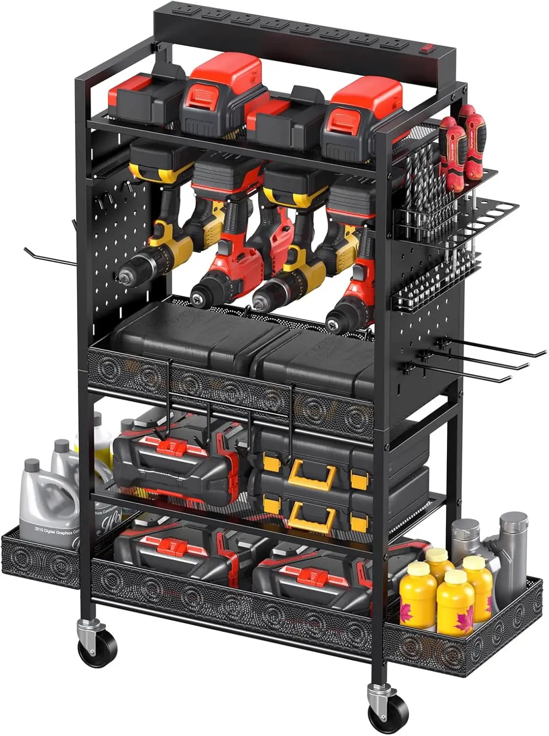CCCEI Garage Power Tools Organizer Cart with Charging Station, Black Floor Standing Rolling Drill and Tools Battery Storage Cart on Wheels. Utility Rack Gift for Men, Husband, Father. by GreenHaven Gardens