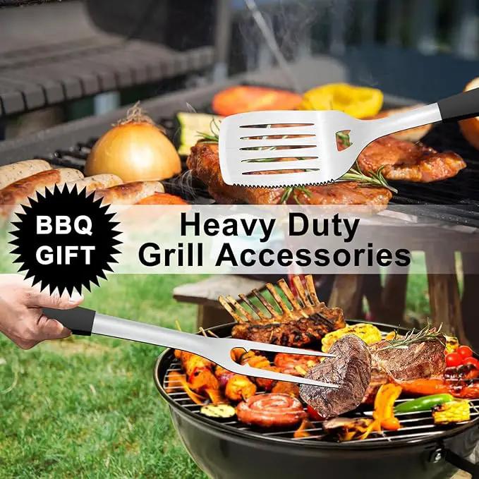 Grill Tools BBQ Accessories Set of 2, 15.8'' Heavy Duty Stainless Steel Grill Utensils with Grill Spatula and Fork, Full Tang Silicone Handle, Outdoor Grilling Tools Barbecue Accessories by GreenHaven Gardens